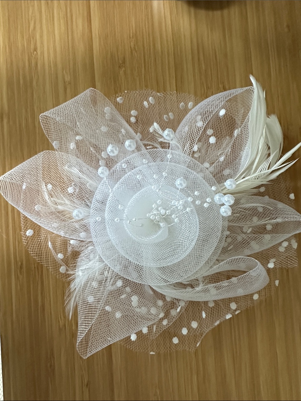 White Bridal Fascinator Hat with Feather & Pearl Accents